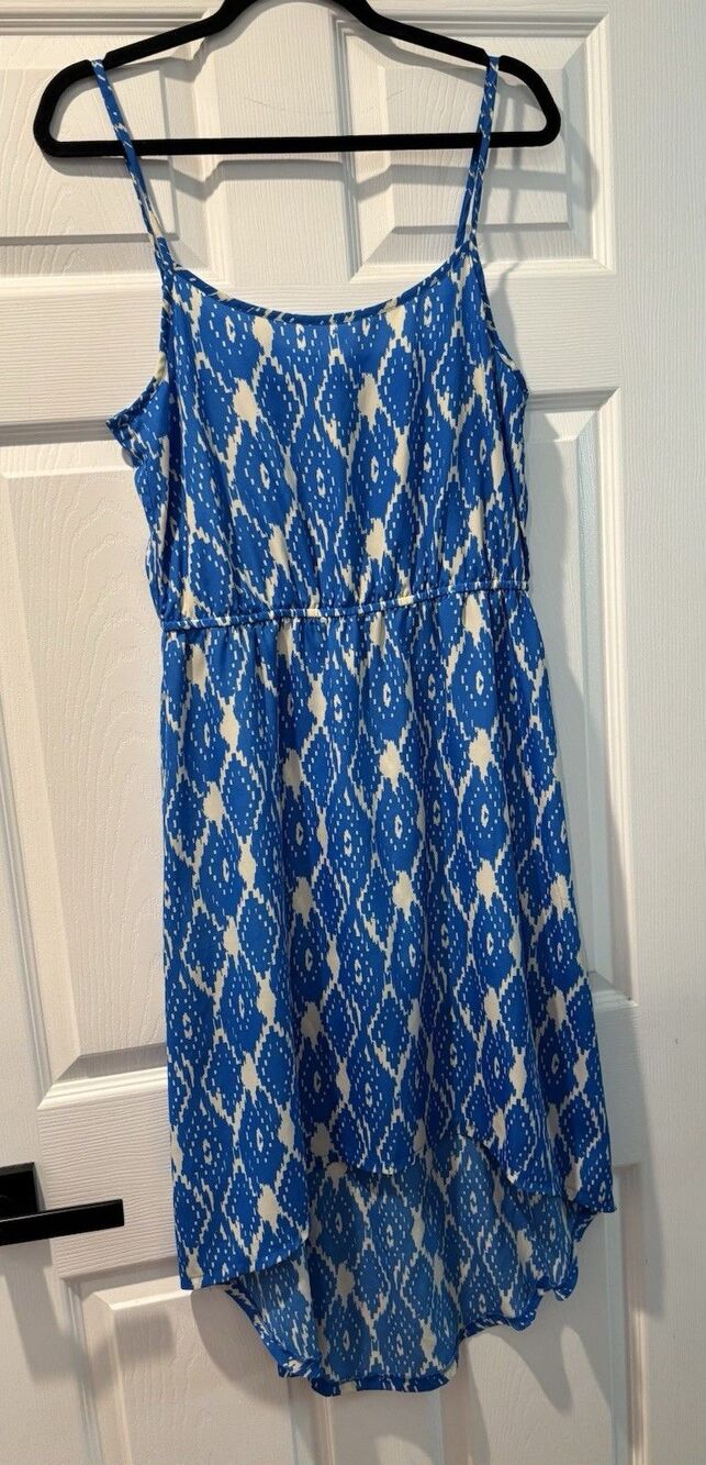 Women’s Ann Taylor Loft Slip Dress Sz 4 Blue Ikat Pattern Mermaid Hem Summer Y2K